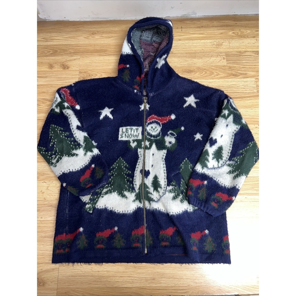 Rainbows Creations Women's Medium Wool Hooded Zip Up Jacket Snowman Winter